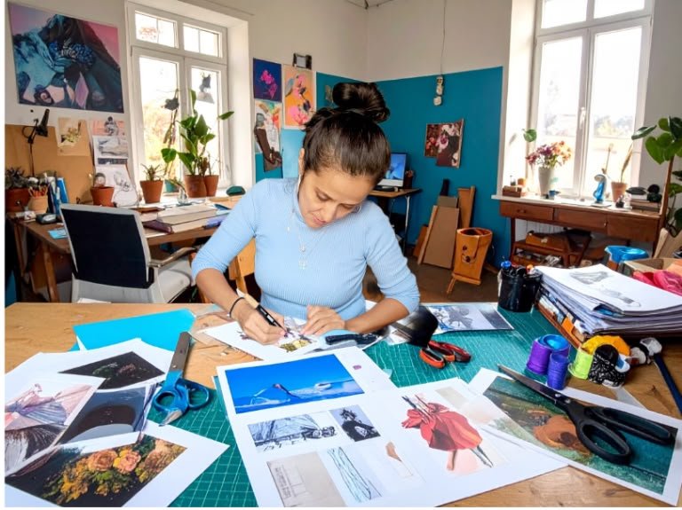 Brenda en séance d'art-thérapie, collage créatif