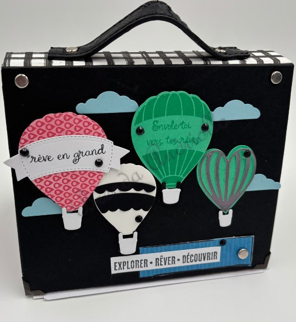 Valisette noire à poignée décorée de montgolfières en papier, « Rêve en grand »